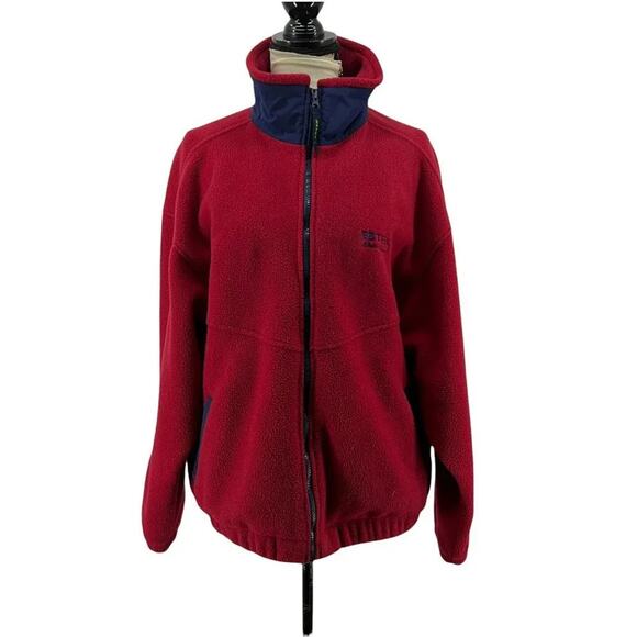 Vintage 90s Eddie Bauer EbTek Mens Large Spell Out Full Zip Fleece Jacket Red - Picture 1 of 13